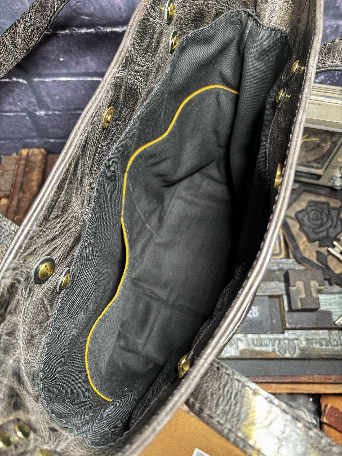 Charcoal & Gold Handmade Leather Tote Bag
