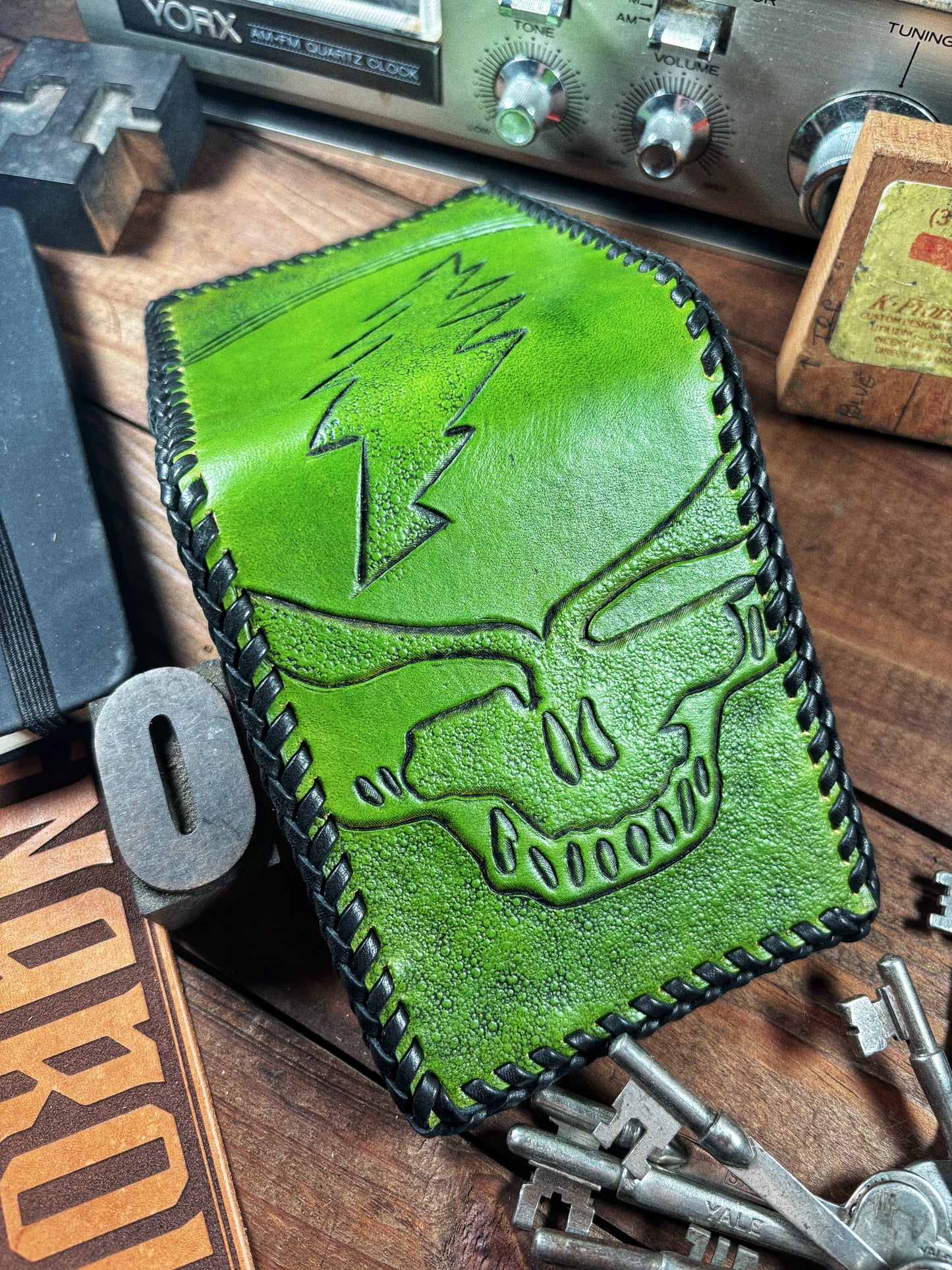 Hand Tooled Green Leather Laced Stealie Bifold Wallet