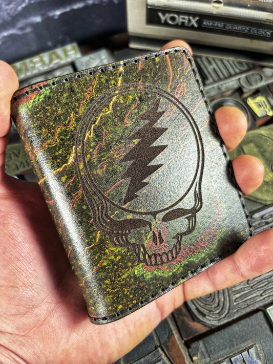 Handmade 6Pocket Electric Chaos Stealie Engraved Marbled Leather Bifold Minimalist Wallet