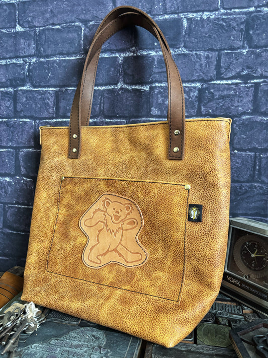 Handmade One of a Kind Grateful Dead Full Grain Brown Leather Tote Bag