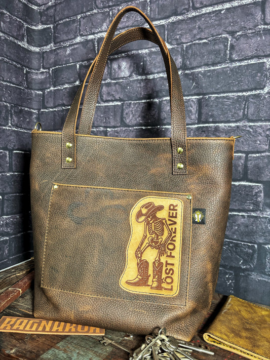 Lost Cowboy Skeleton Brown Pebbled Handmade Leather Tote Bag