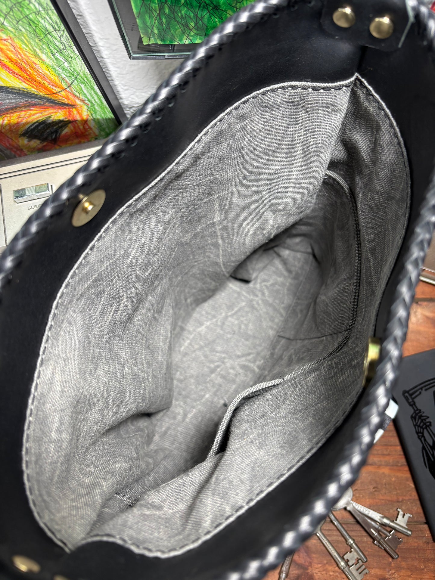 Handmade Black Spider Web Leather Crossbody Bag