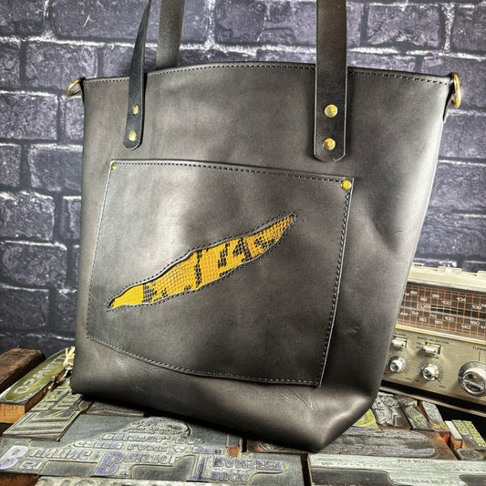 [Scratch & Dent] Scarred Yellow Scales Enlayed Black Leather Tote Bag