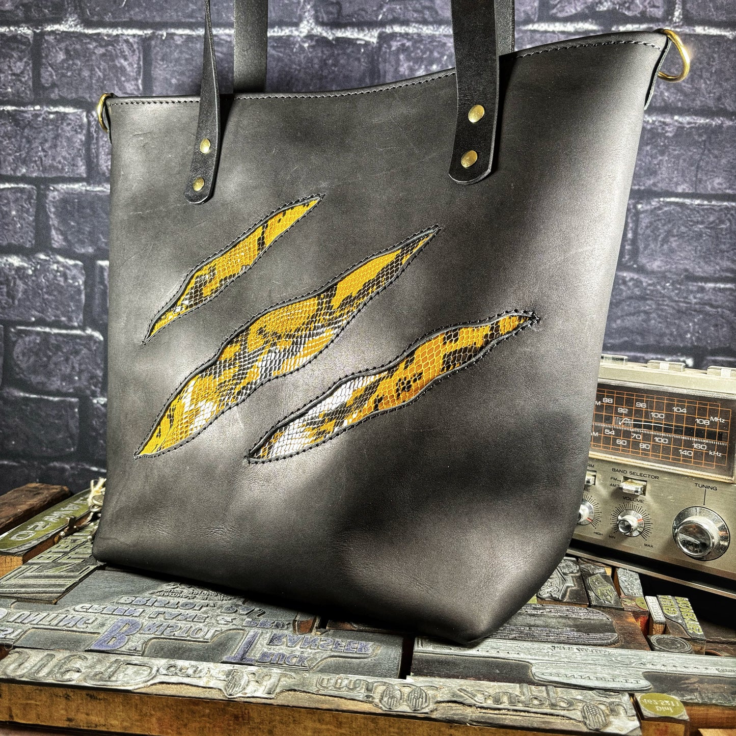 [Scratch & Dent] Scarred Yellow Scales Enlayed Black Leather Tote Bag