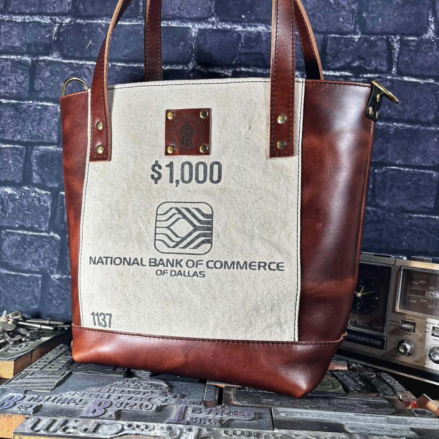 National Bank of Commerce of Dallas Repurposed Bank Bag Full Grain Brown Leather Tote Bag