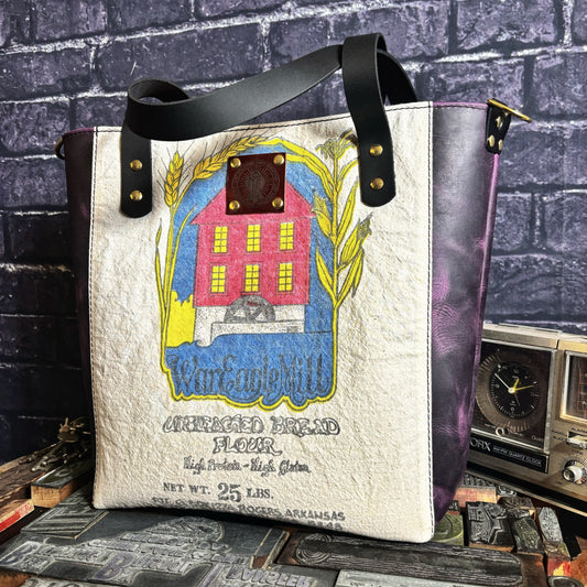 War Eagle Mill Rogers Arkansas Repurposed Vintage Flour Sack Full Grain Purple Leather Tote Bag