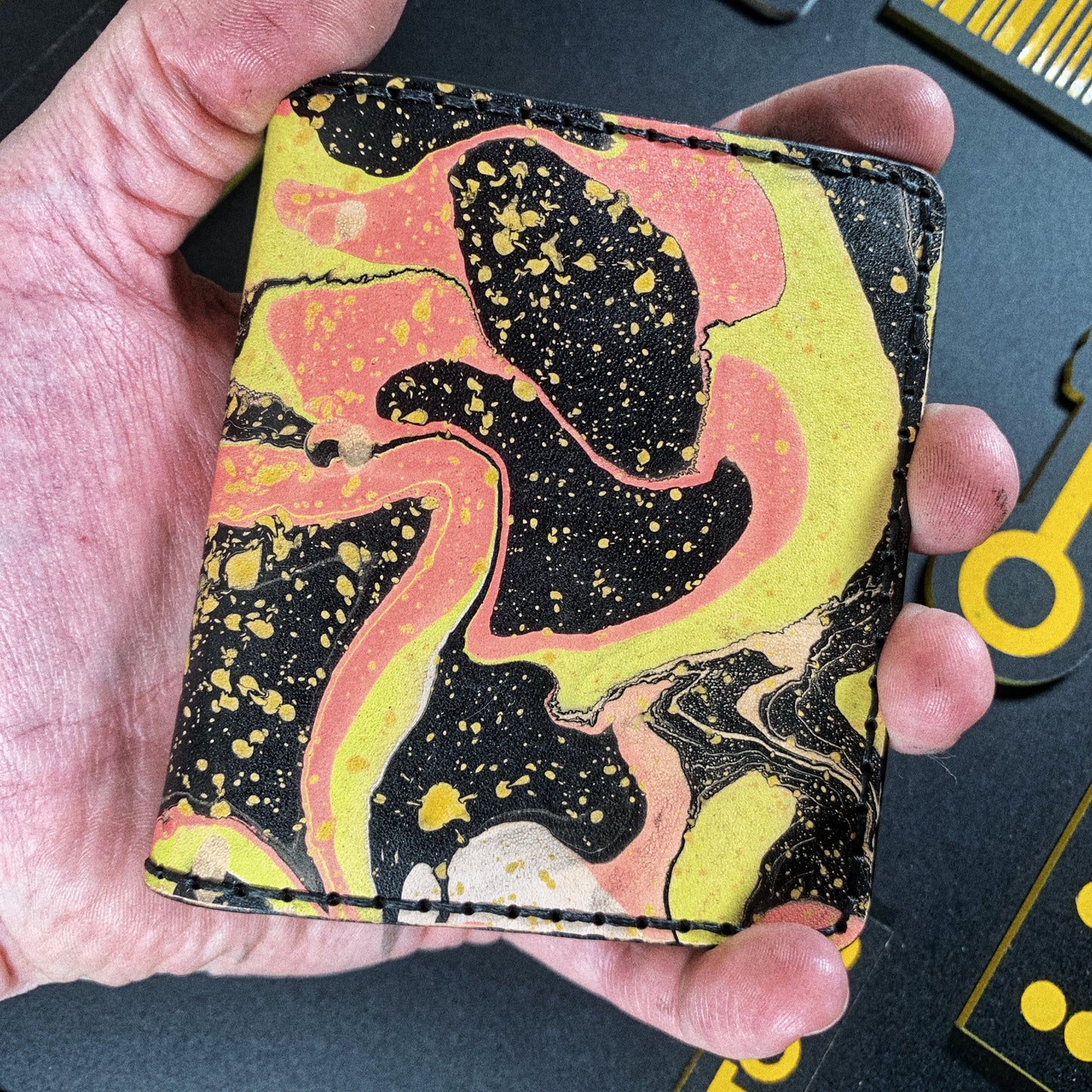 Handmade 6 Pocket Black/Pink/Yellow Marbled Leather Bifold Minimalist Wallet