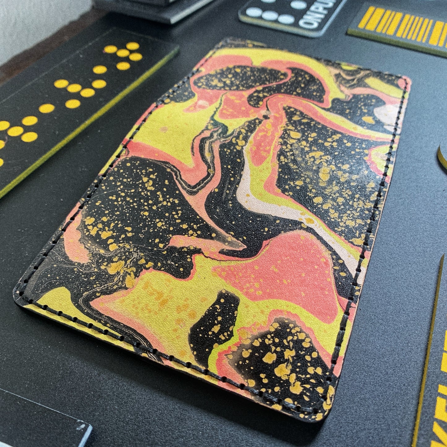 Handmade 6 Pocket Black/Pink/Yellow Marbled Leather Bifold Minimalist Wallet