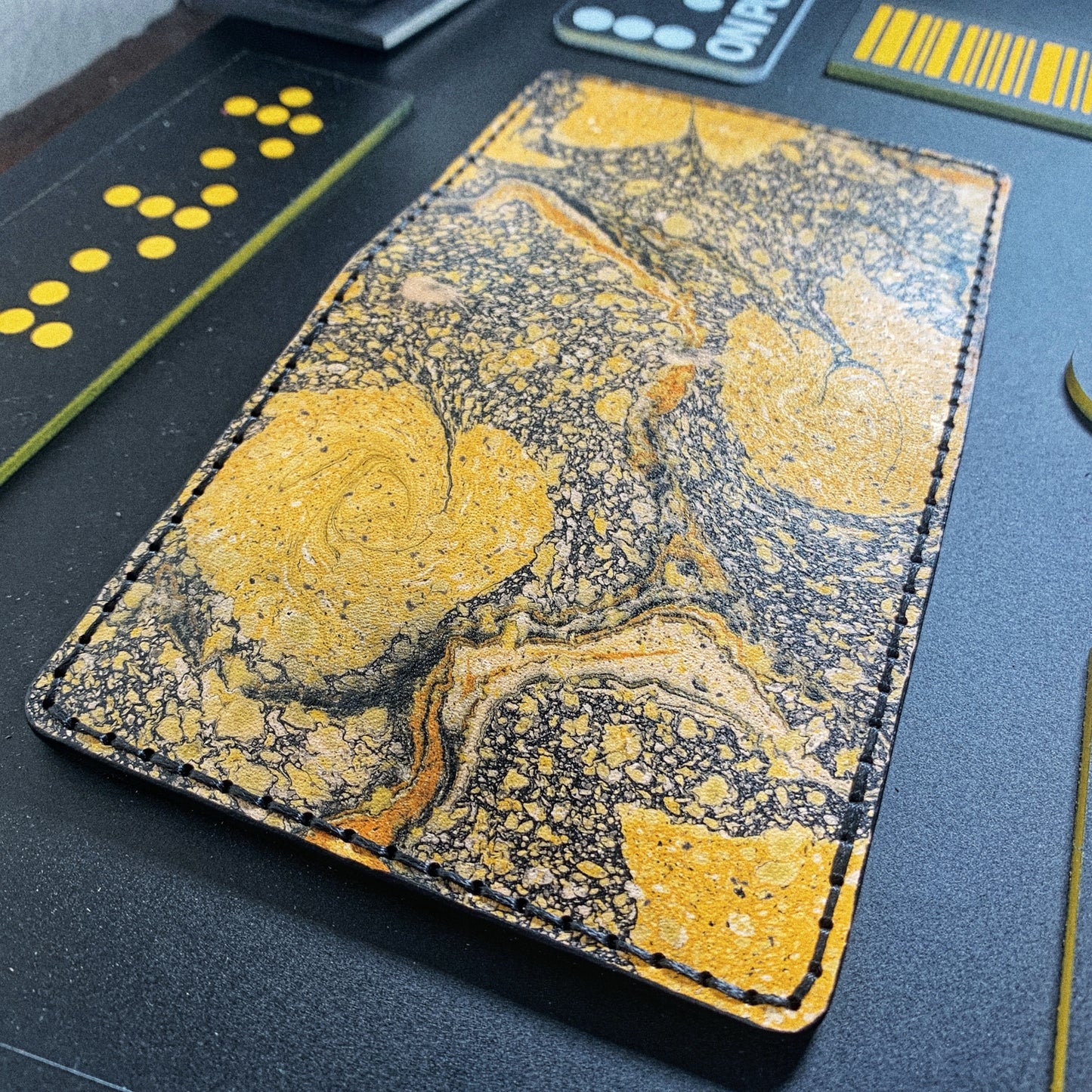 Handmade 6 Pocket Black/Yellow Marbled Leather Bifold Minimalist Wallet