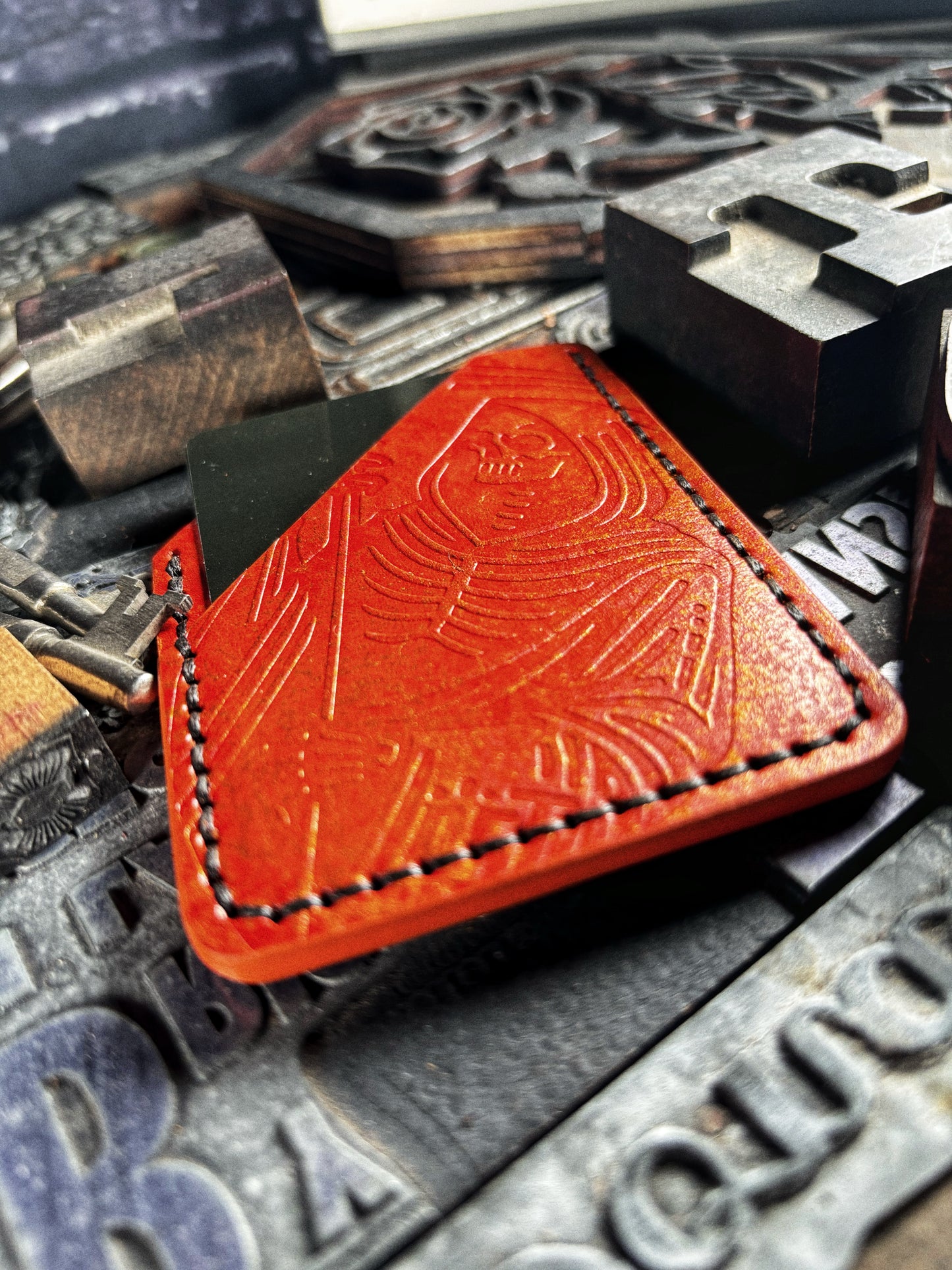 Metallic Orange Lost Reaper Embossed Hand Made Leather Minimalist Wallet