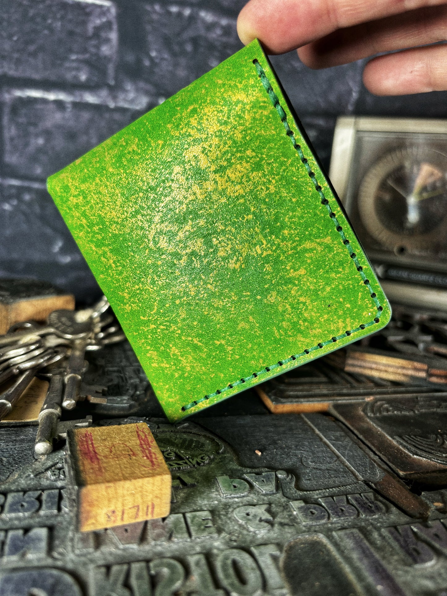 Metallic Green T Rex Dinosaur Embossed Hand Made Leather Minimalist Wallet