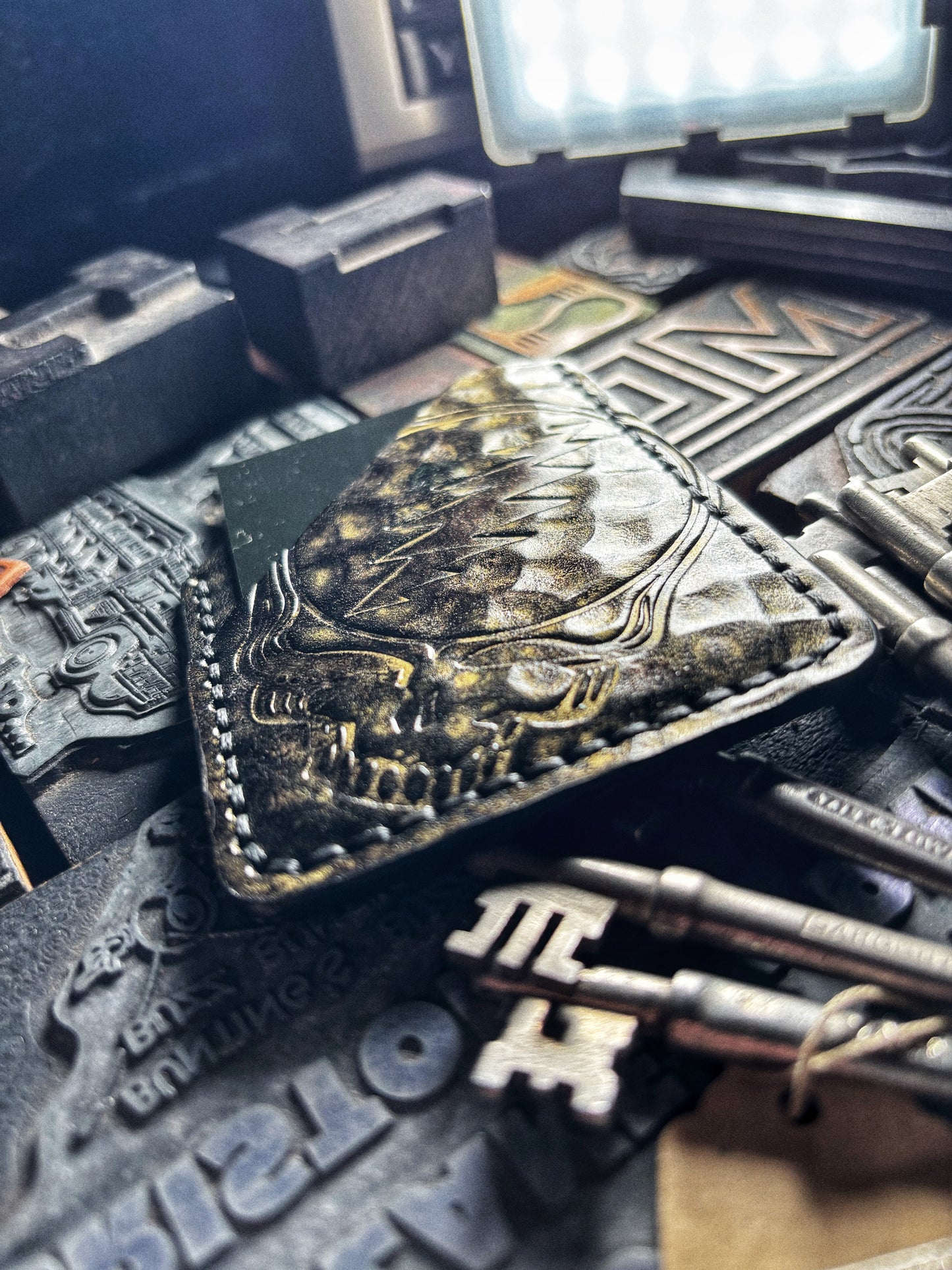 Hammered Black & Gold Grateful Dead Embossed Hand Made Leather Minimalist Wallet