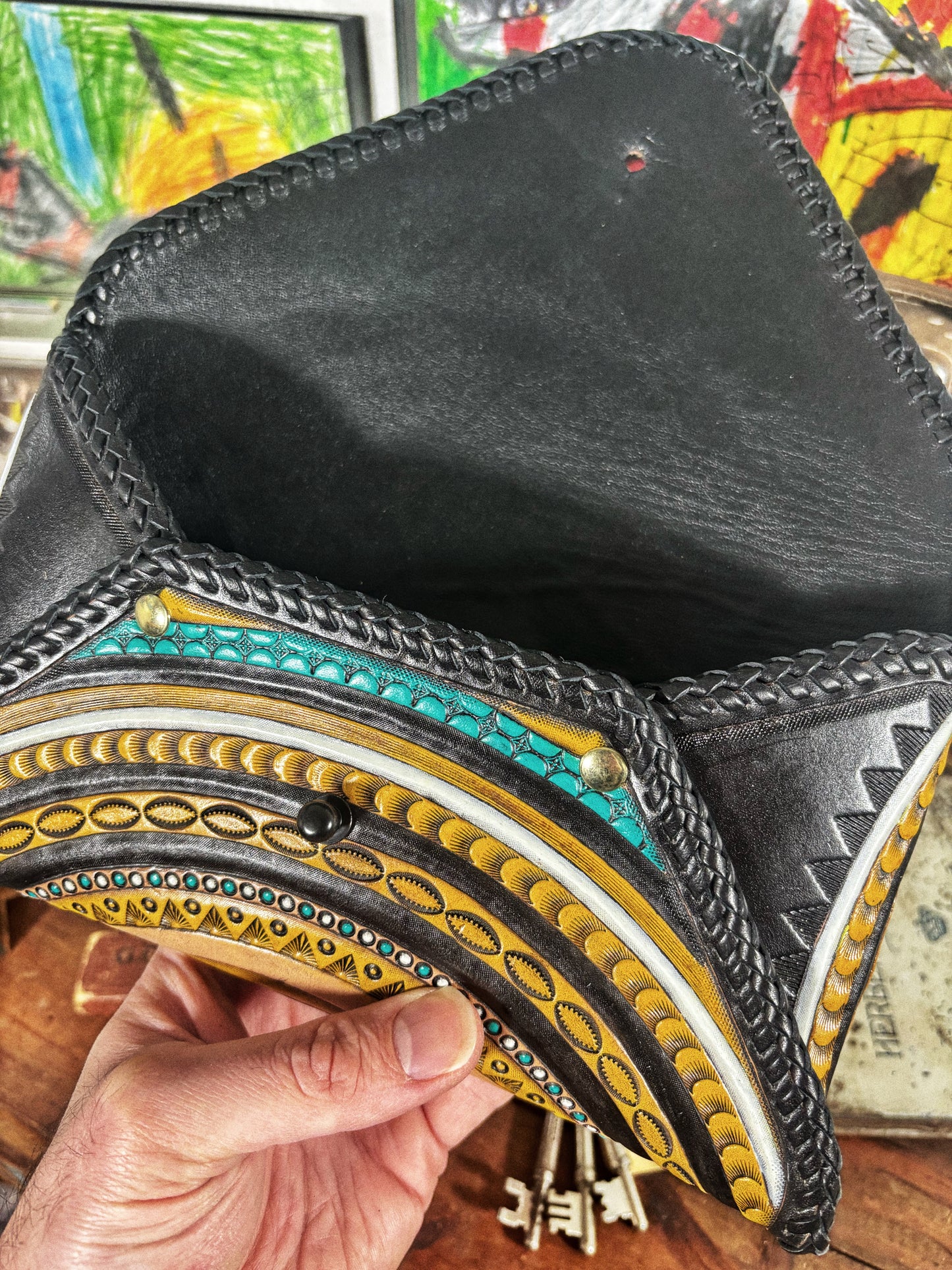 LOST Circles Black Handmade Leather Envelope Clutch