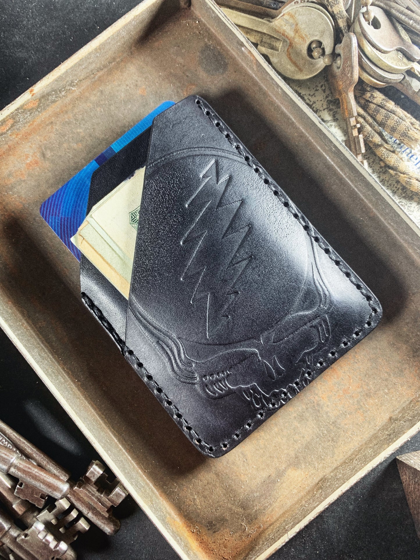 Black Grateful Dead Embossed Hand Made Leather Minimalist Wallet