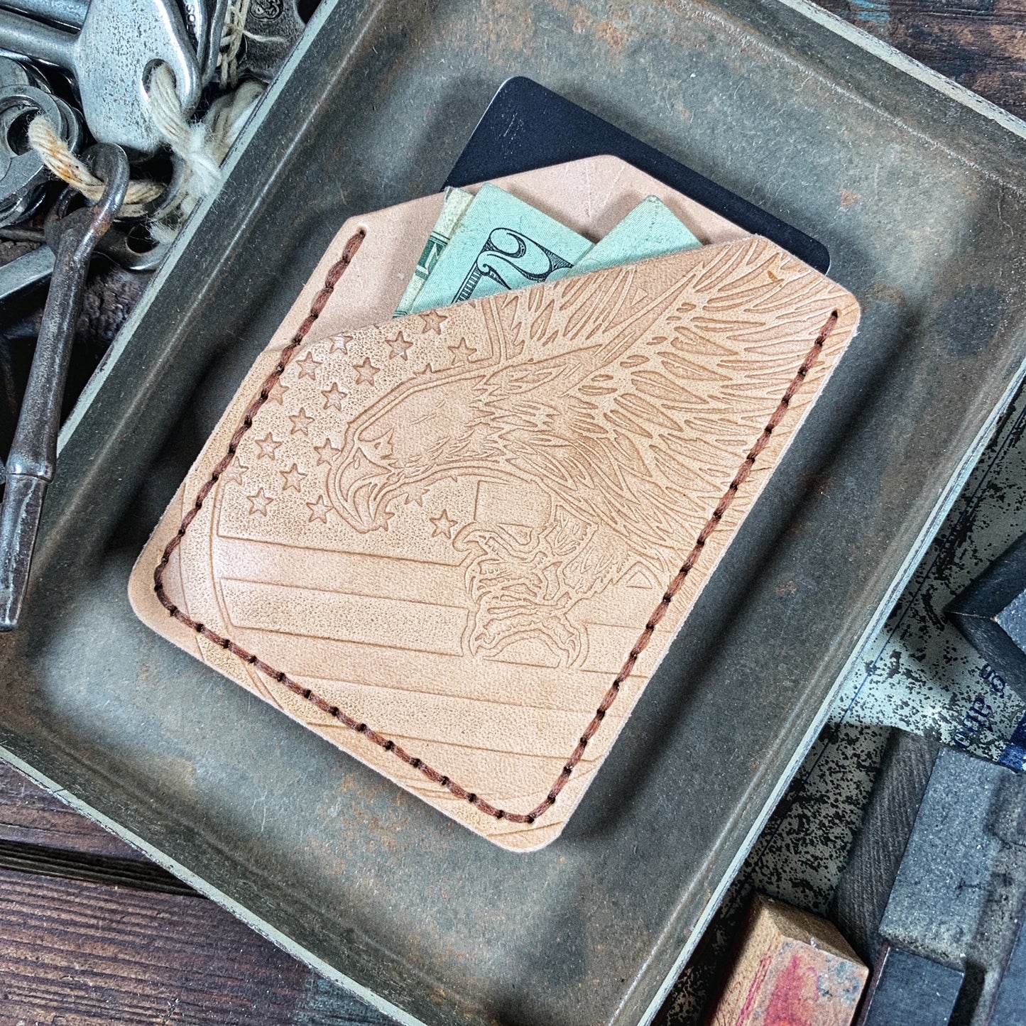 Swooping Eagle American Flag Embossed Leather Minimalist Wallet