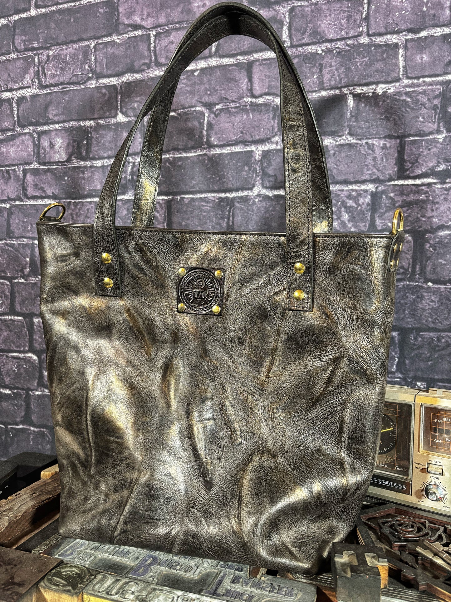 Charcoal & Gold Handmade Leather Tote Bag