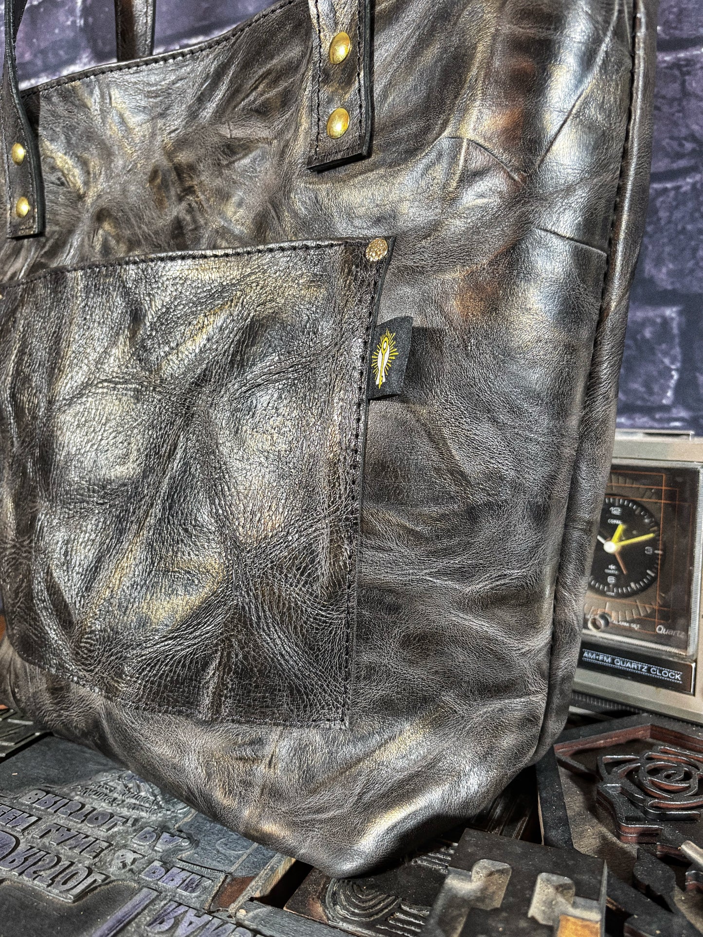 Charcoal & Gold Handmade Leather Tote Bag