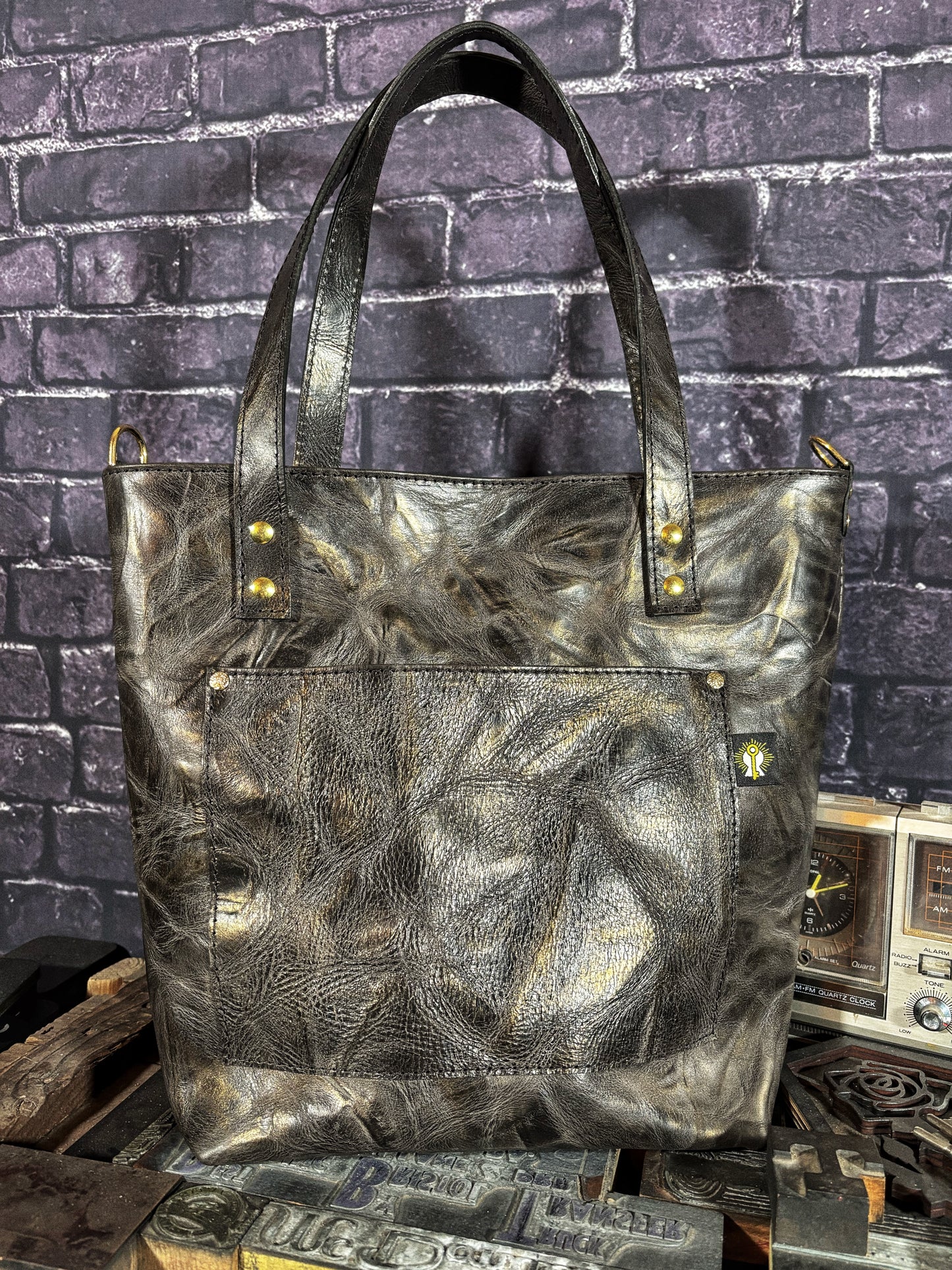 Charcoal & Gold Handmade Leather Tote Bag