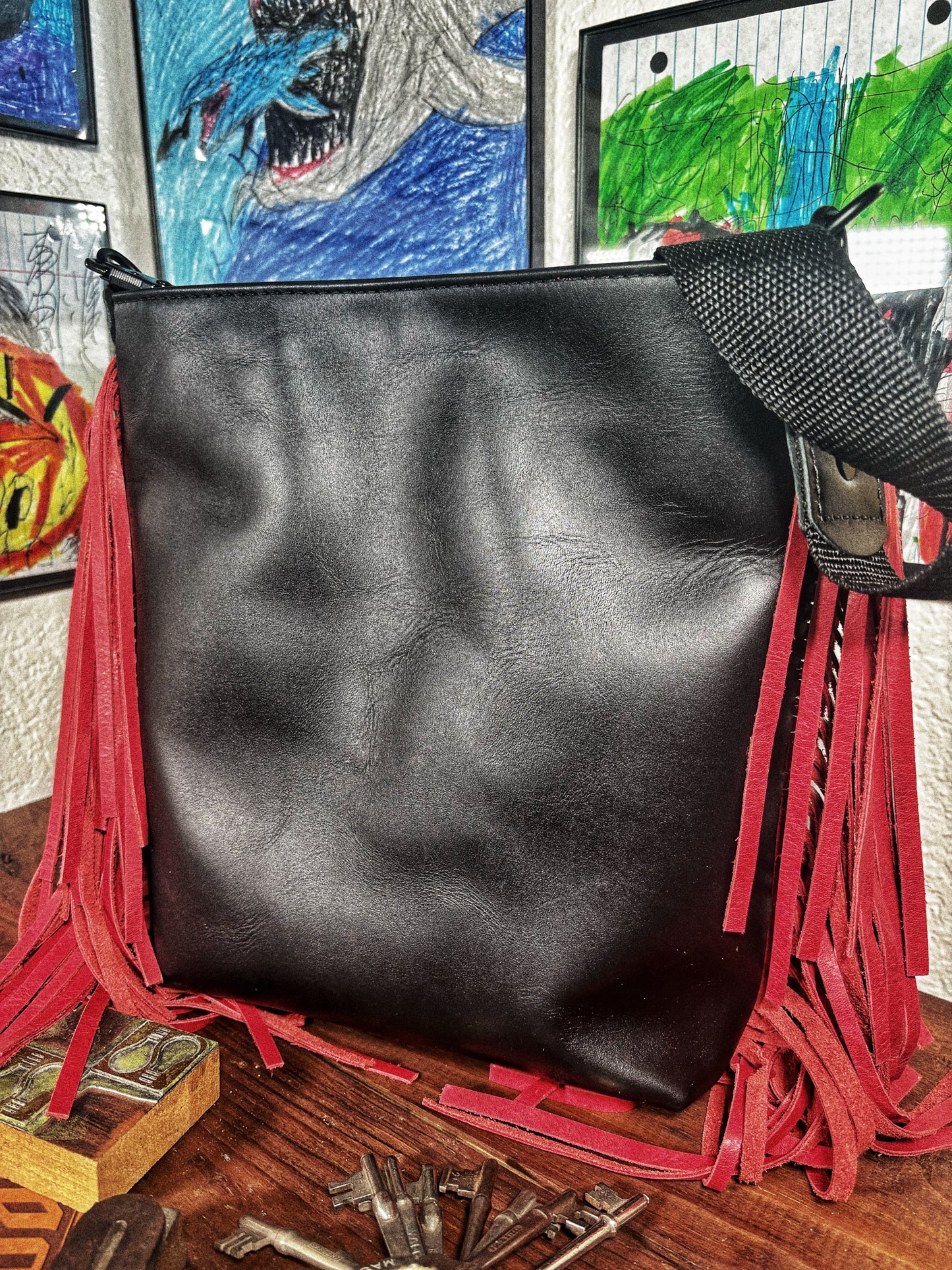 Handmade Black W Branded Leather Crossbody Bag