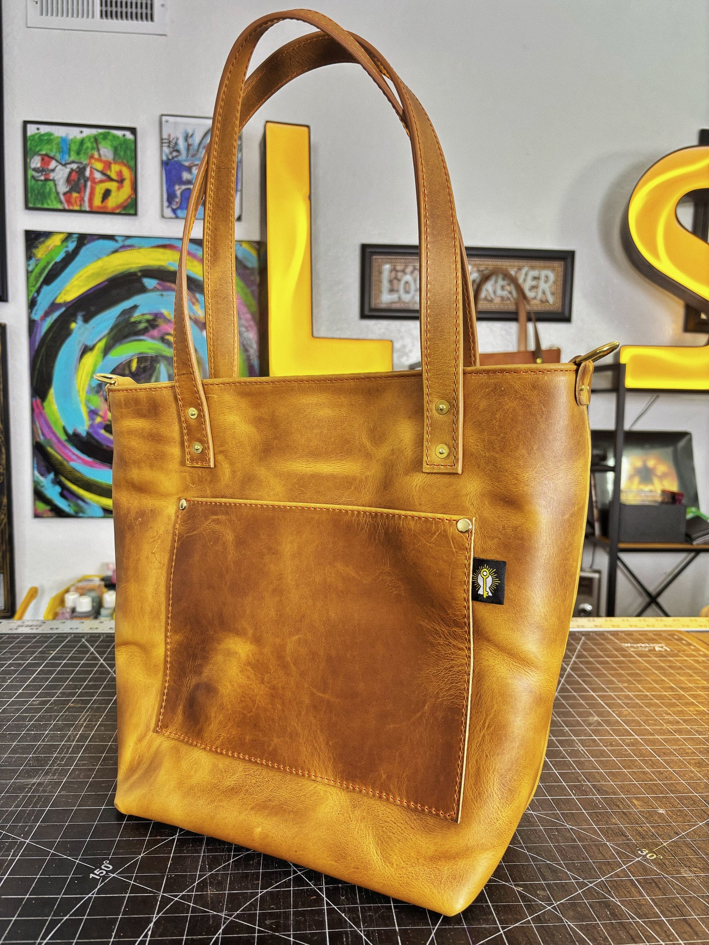 Shark Inlayed Brown Full Grain Leather Tote Bag