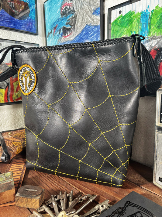 Handmade Black Spider Web Leather Crossbody Bag