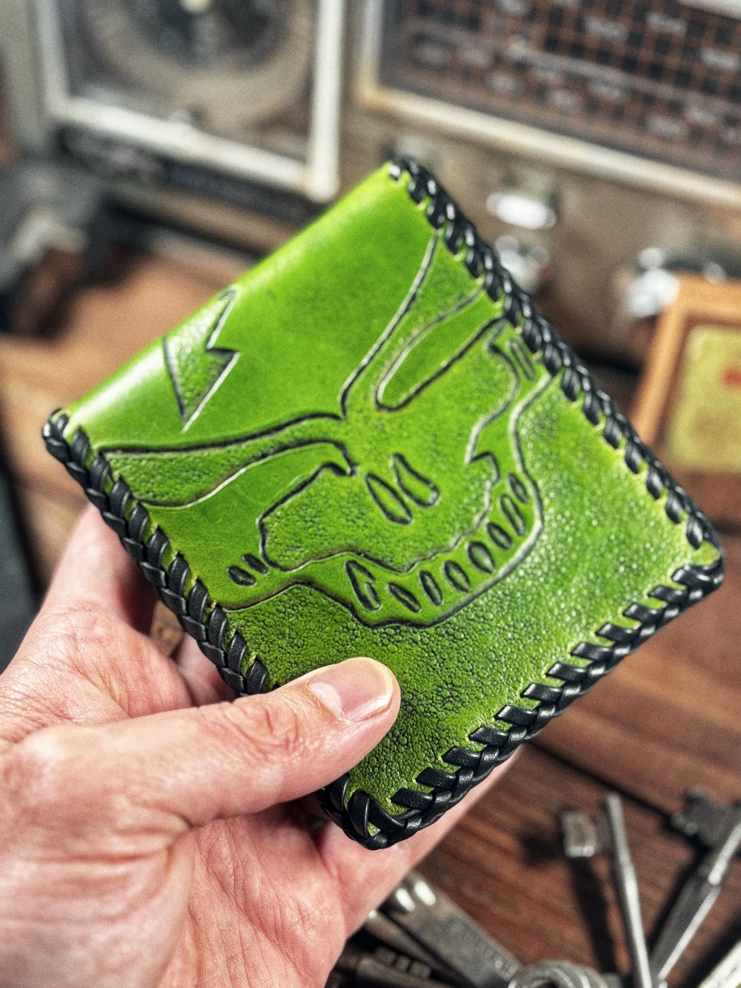 Hand Tooled Green Leather Laced Stealie Bifold Wallet