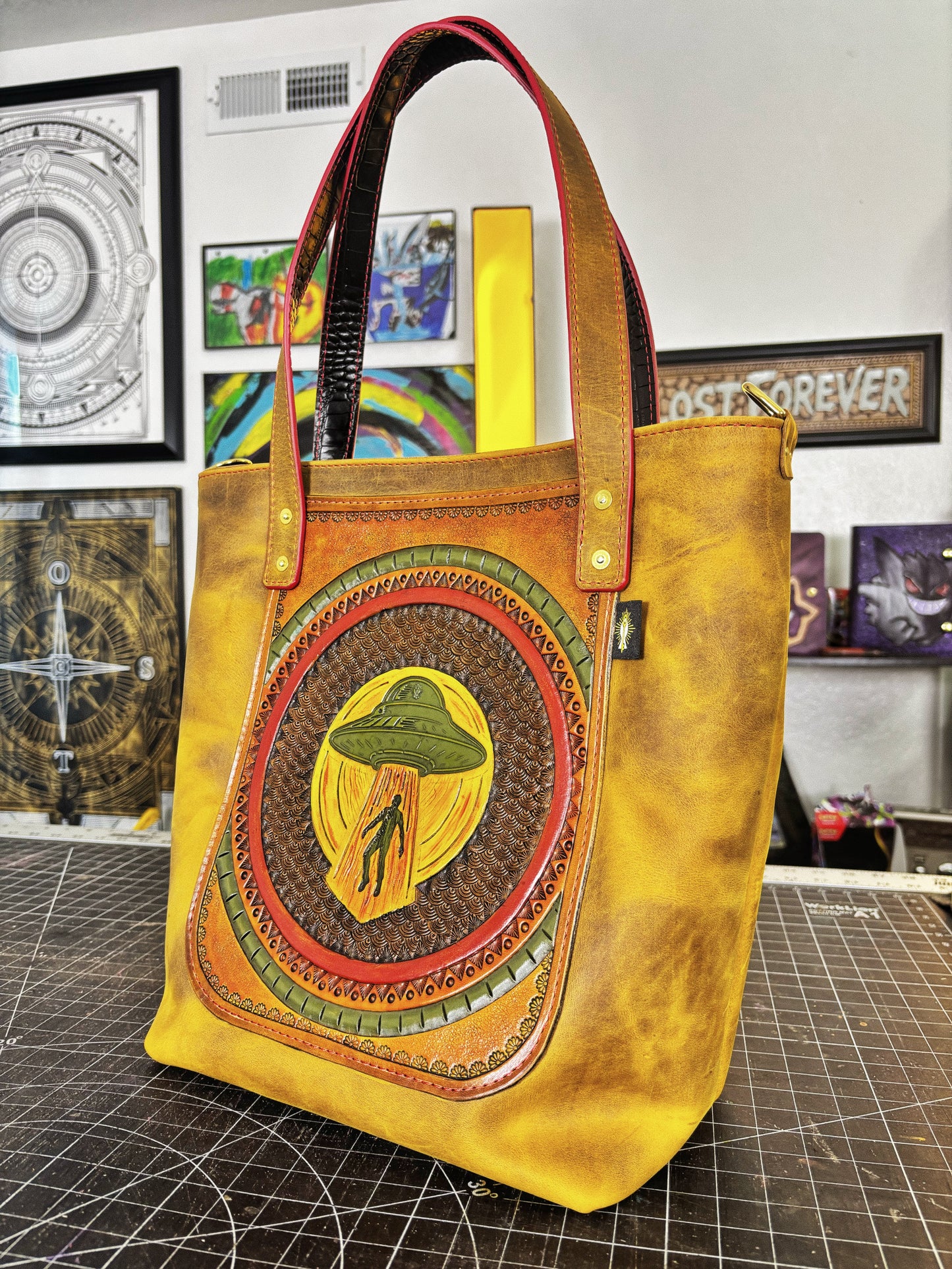 Abducted Handmade Hand Stamped Full Grain Leather Tote Bag