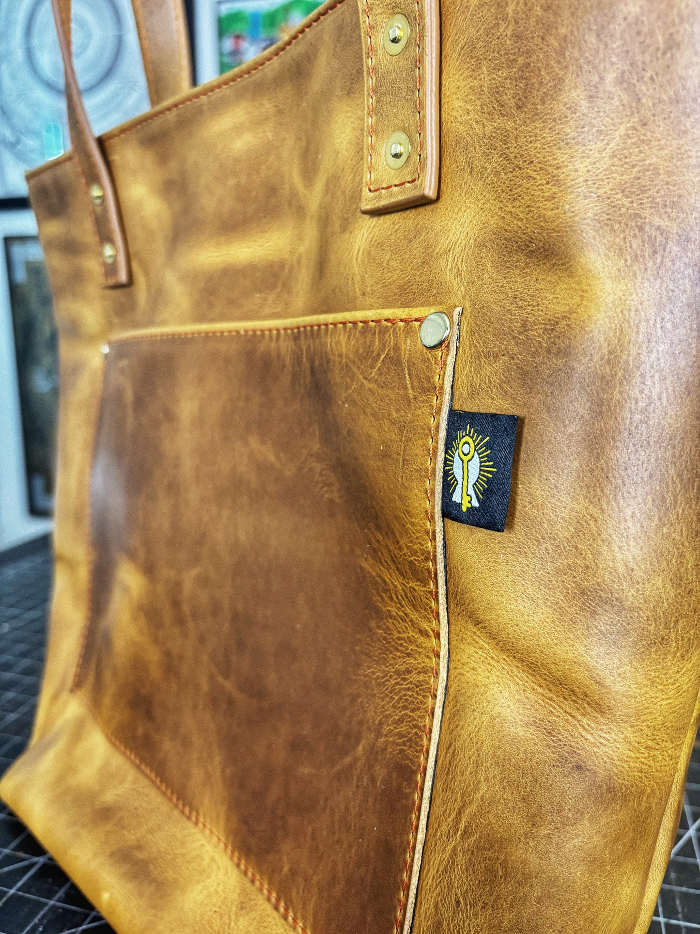 Shark Inlayed Brown Full Grain Leather Tote Bag