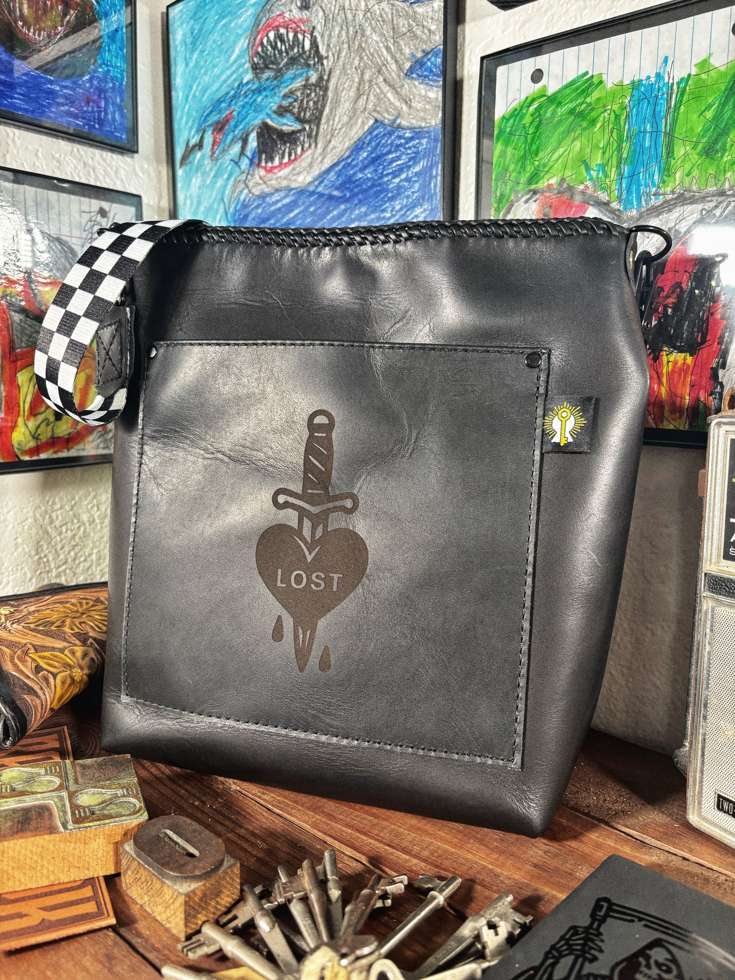 Handmade Black Dripping Heart Dagger Engraved Leather Crossbody Bag