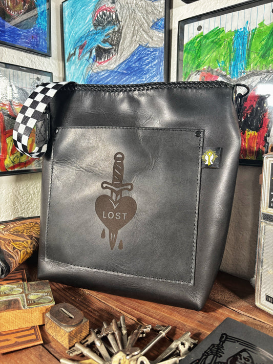 Handmade Black Dripping Heart Dagger Engraved Leather Crossbody Bag