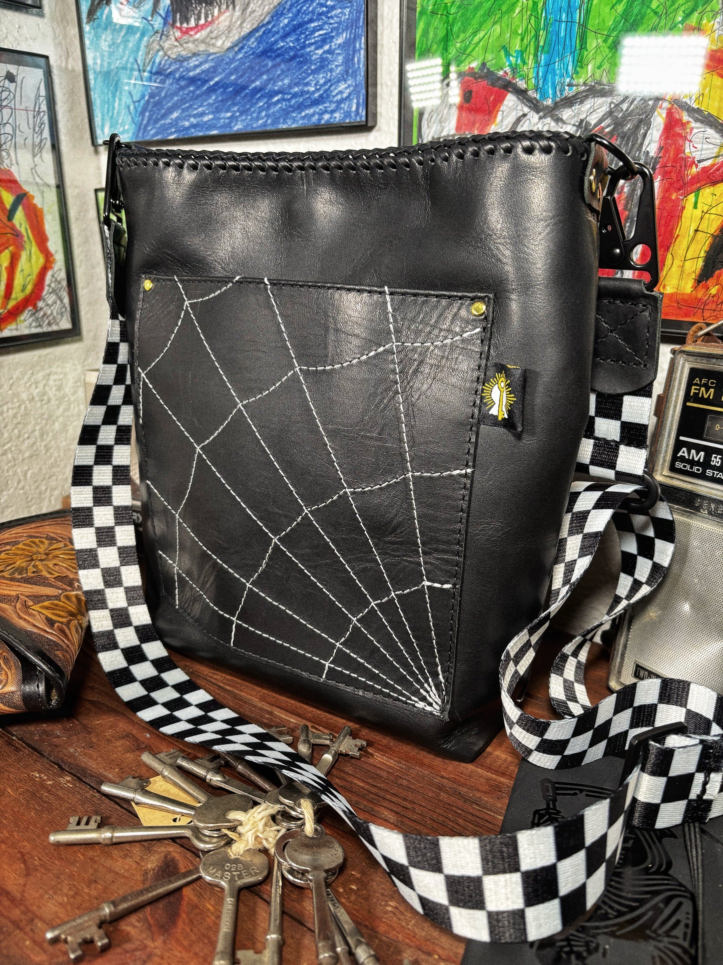 Handmade Black Spider Web Leather Crossbody Bag
