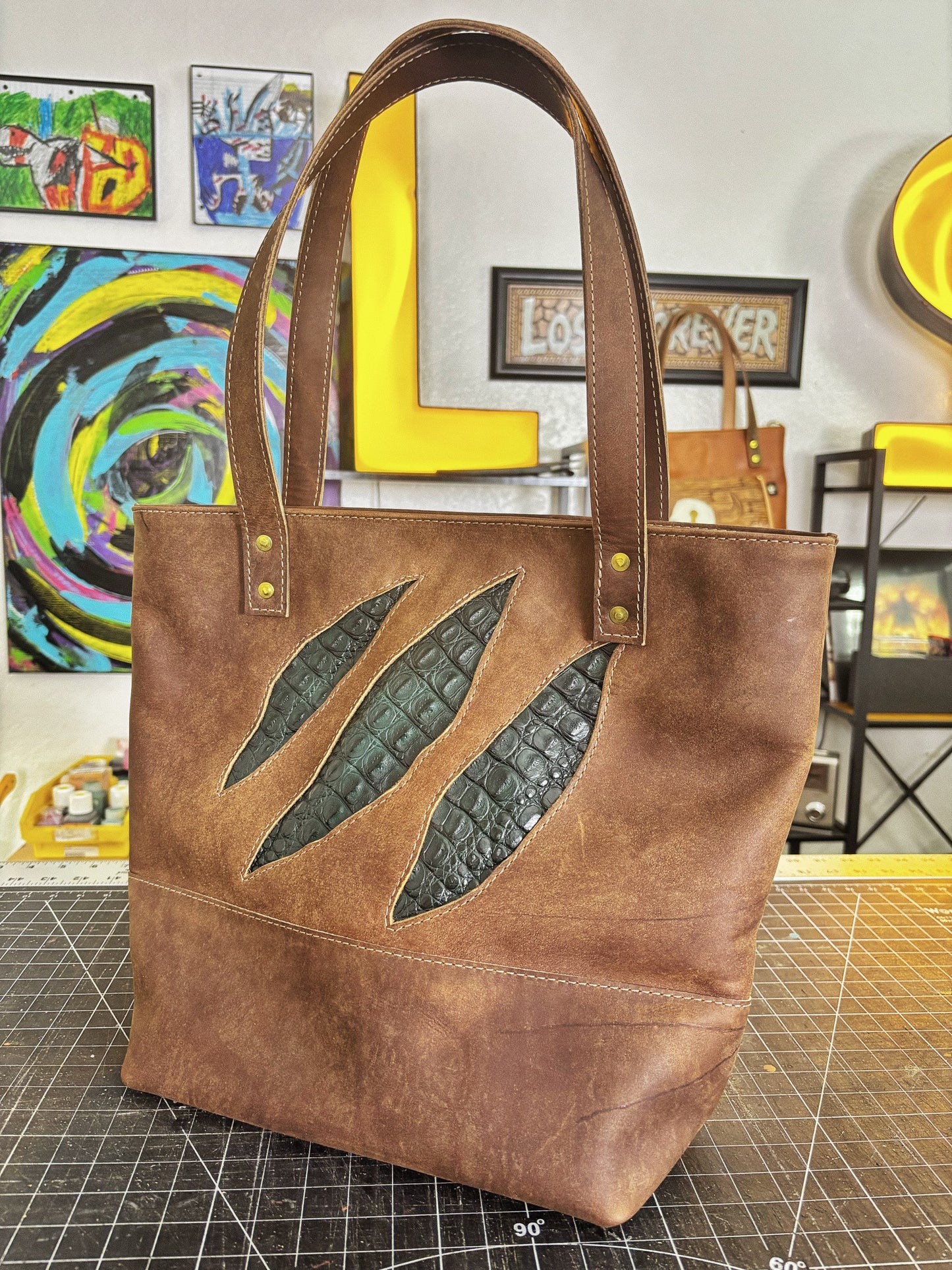 Nile Crocodile Inlayed Brown Full Grain Leather Tote Bag