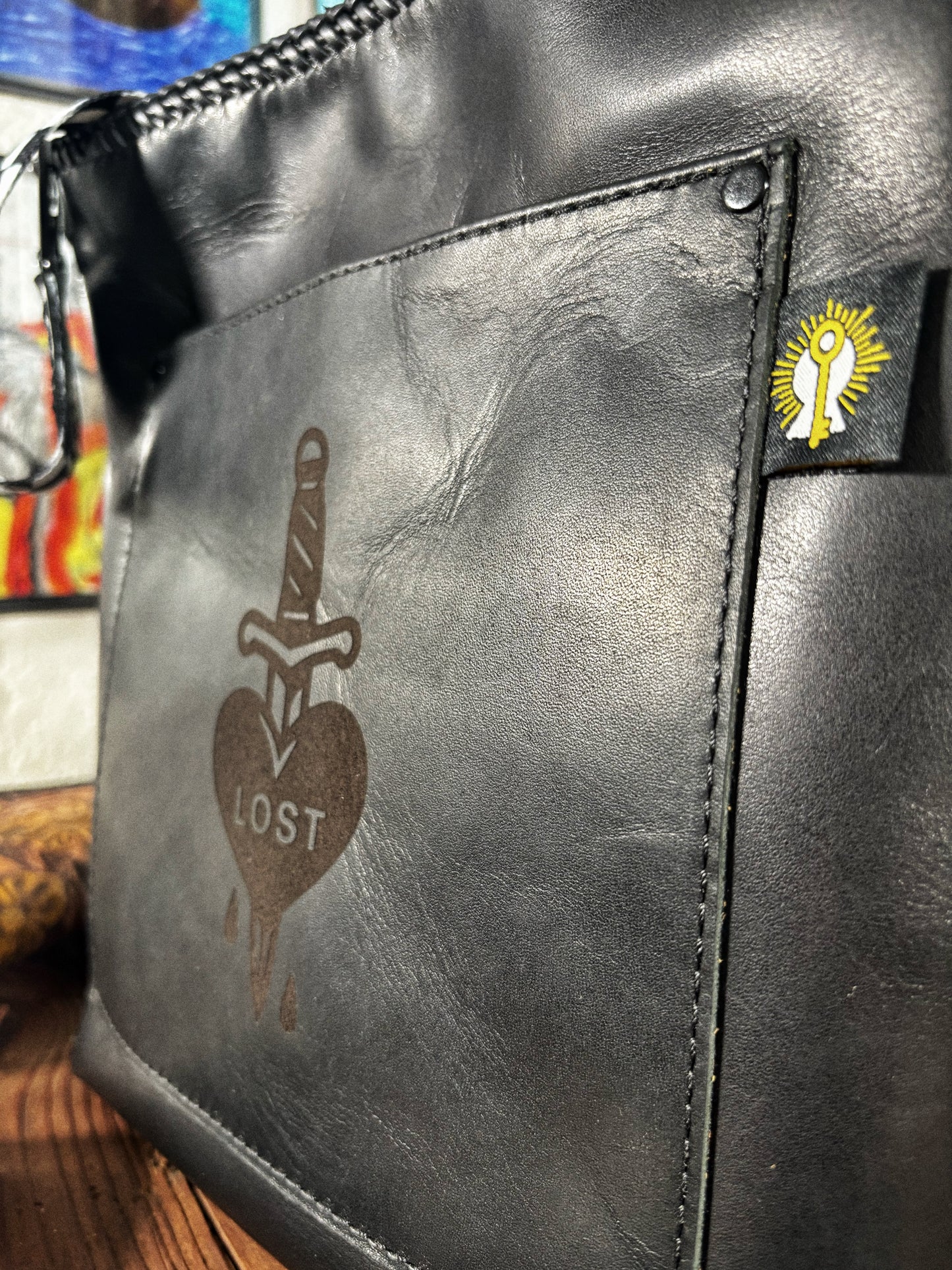 Handmade Black Dripping Heart Dagger Engraved Leather Crossbody Bag
