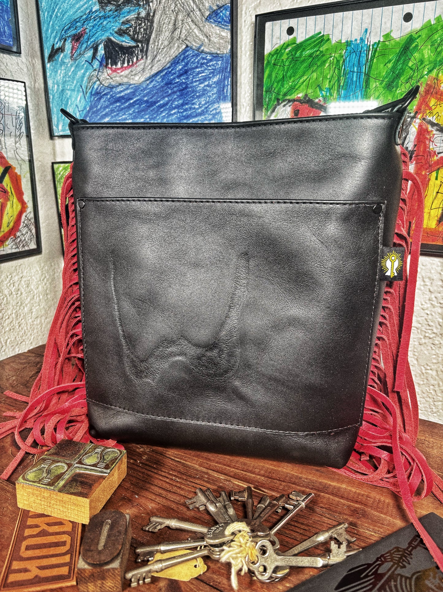 Handmade Black W Branded Leather Crossbody Bag
