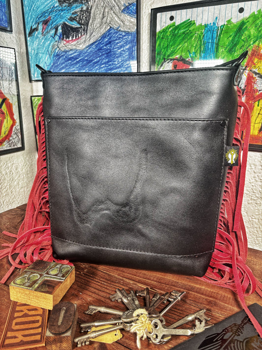 Handmade Black W Branded Leather Crossbody Bag