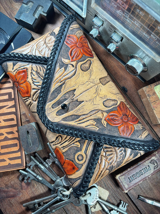 LOST Buffalo Skull Hand Tooled Leather Envelope Clutch