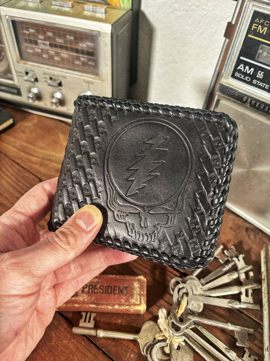 Hand Stamped Black Leather Laced Stealie Bifold Wallet
