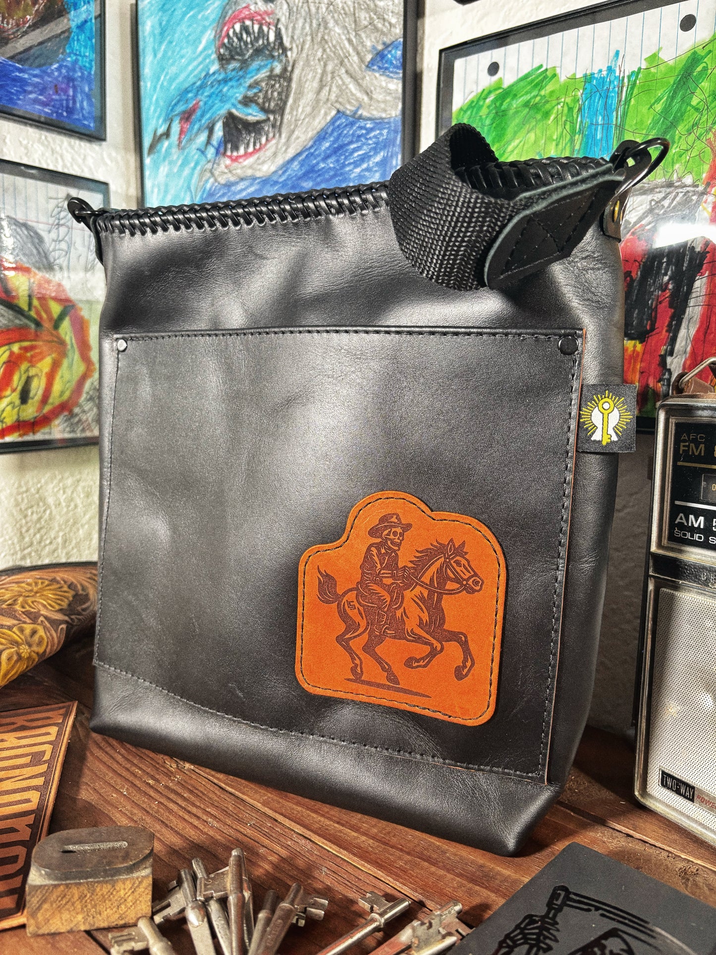 Handmade Black LOST Skeleton Rider Leather Crossbody Bag