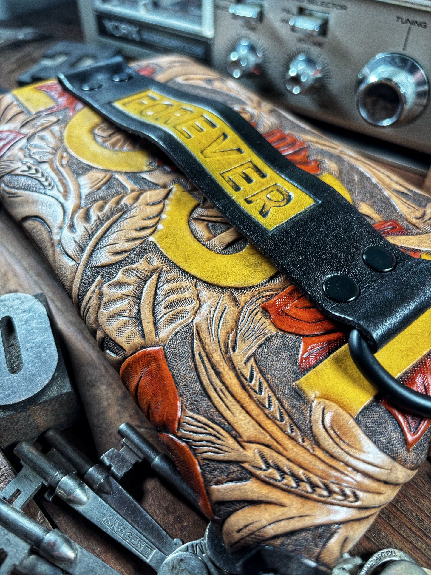 LOST Buffalo Skull Hand Tooled Leather Envelope Clutch