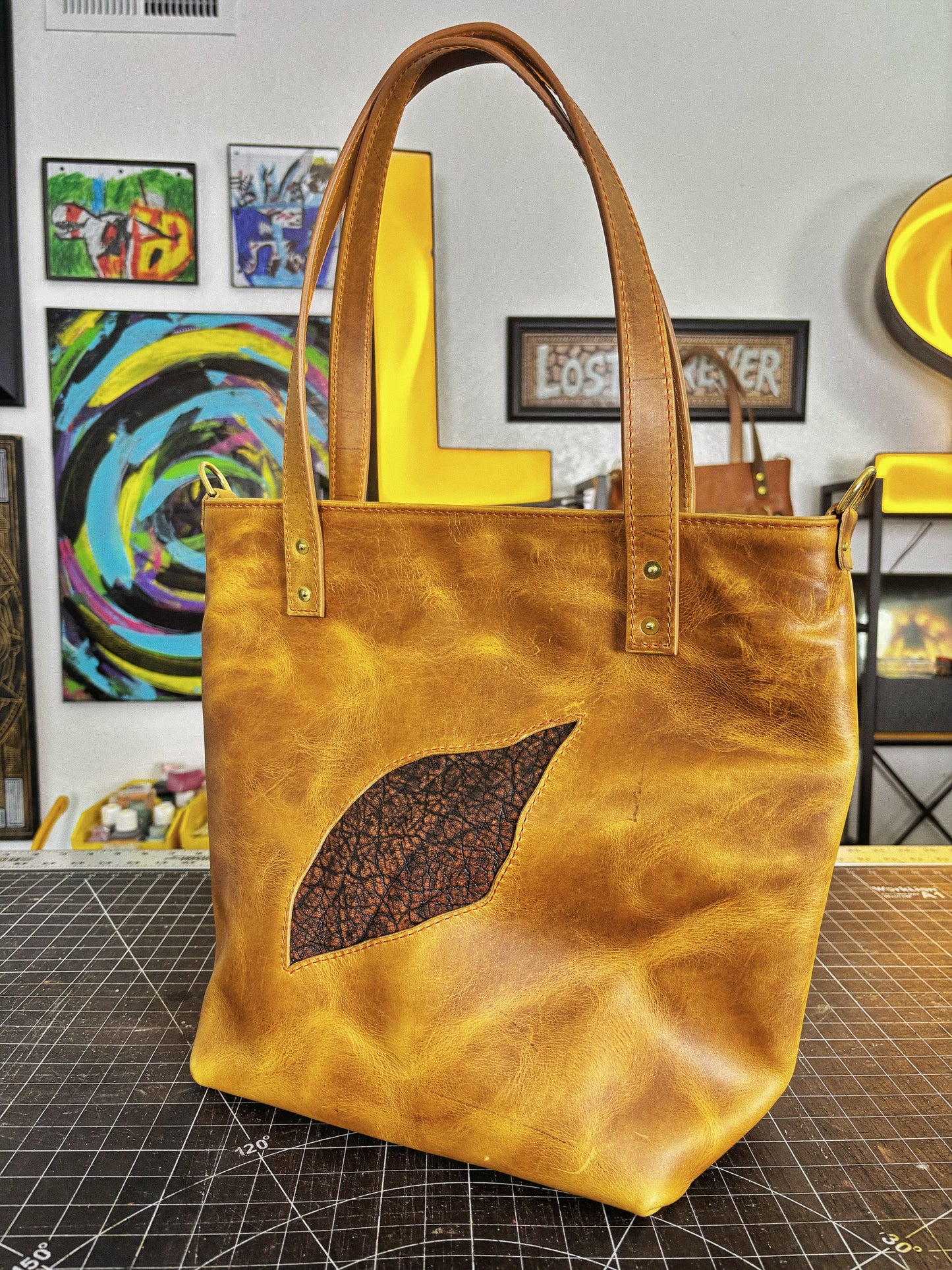 Elephant Inlayed Brown Full Grain Leather Tote Bag