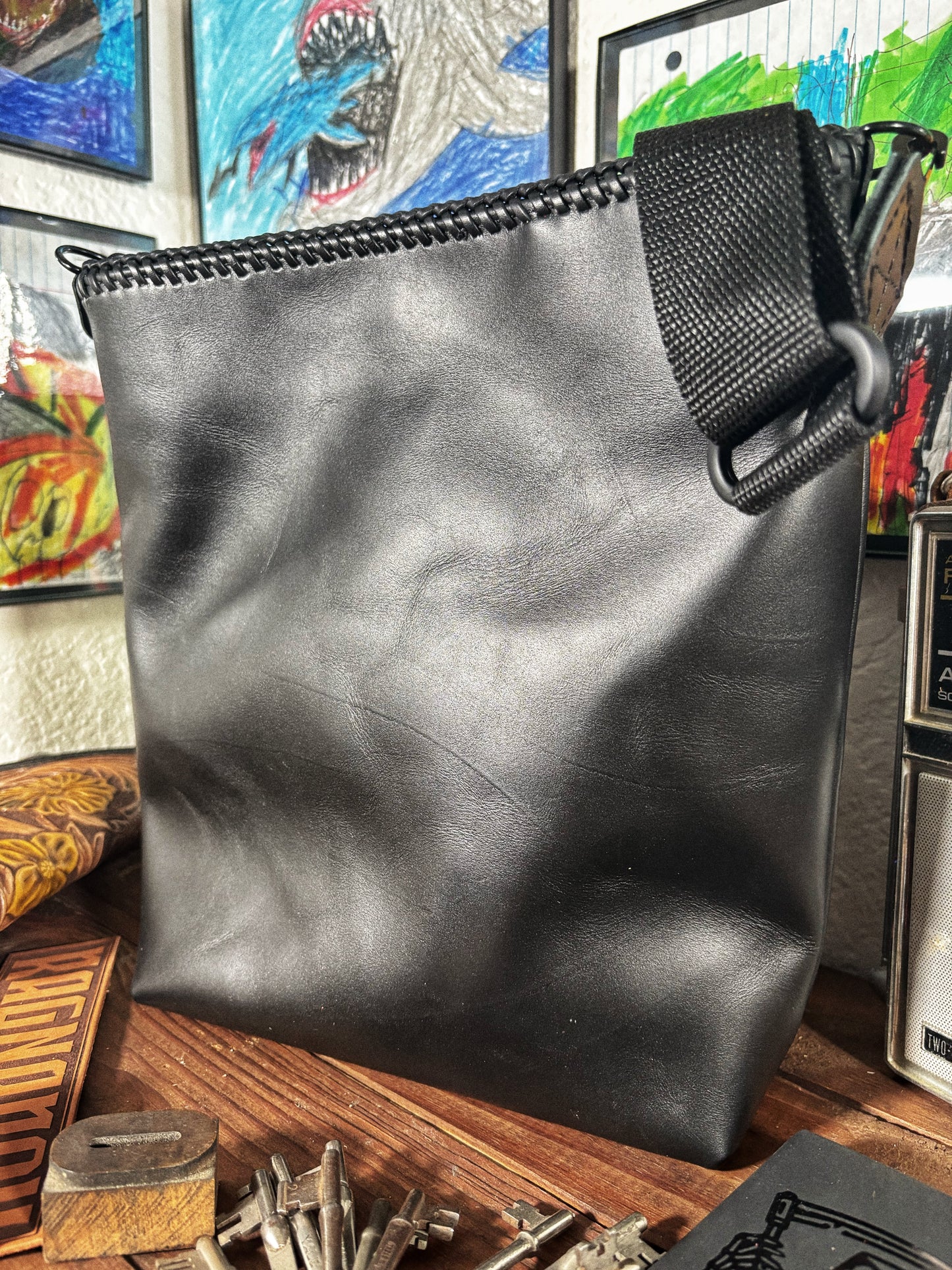Handmade Black LOST Skeleton Rider Leather Crossbody Bag
