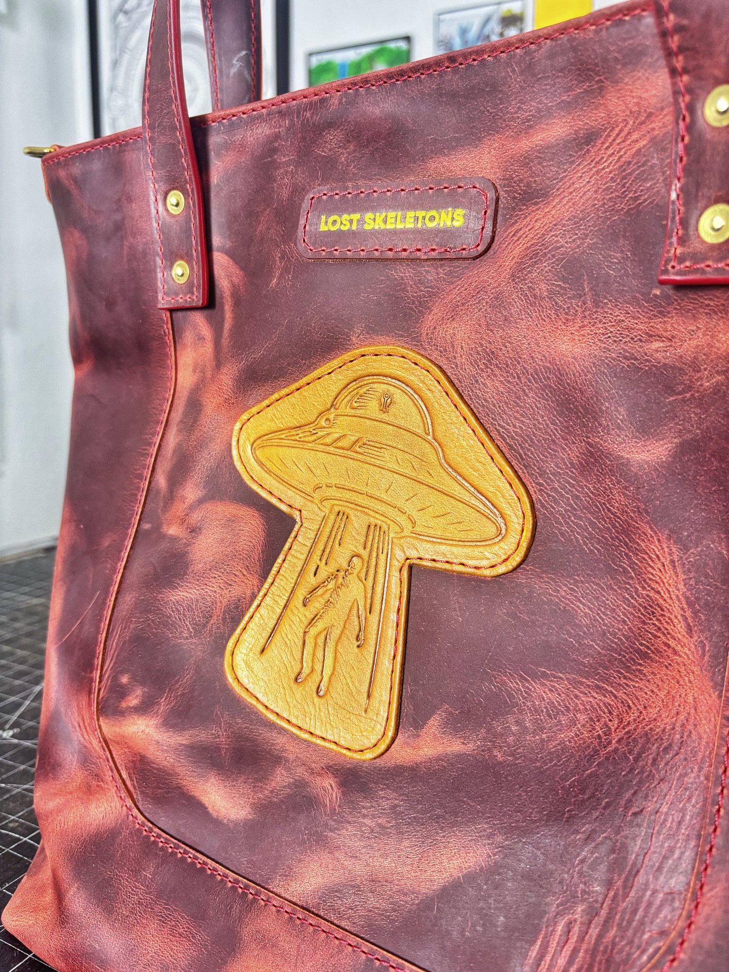 Abducted Handmade Red Full Grain Leather Tote Bag