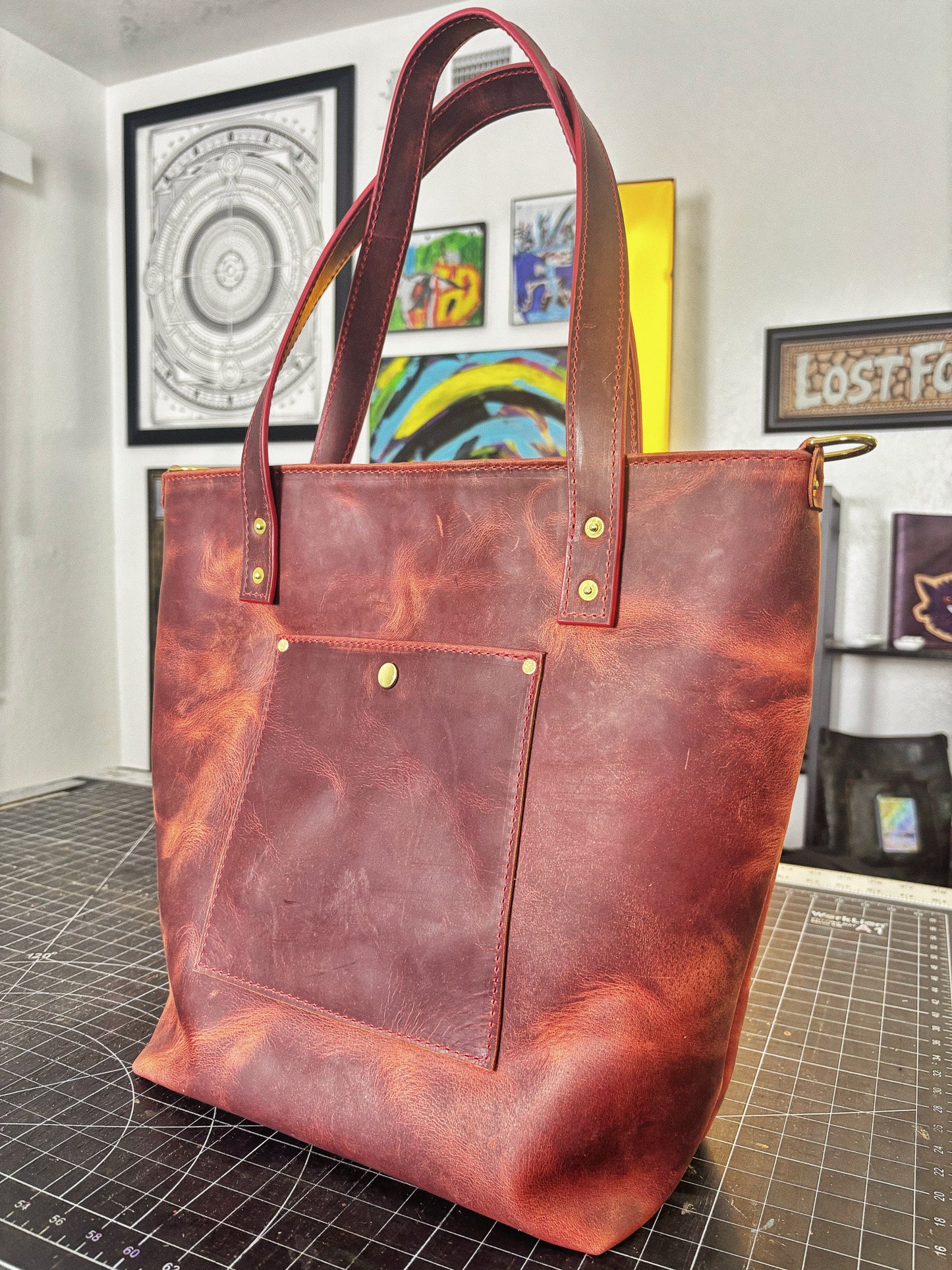 Abducted Handmade Red Full Grain Leather Tote Bag