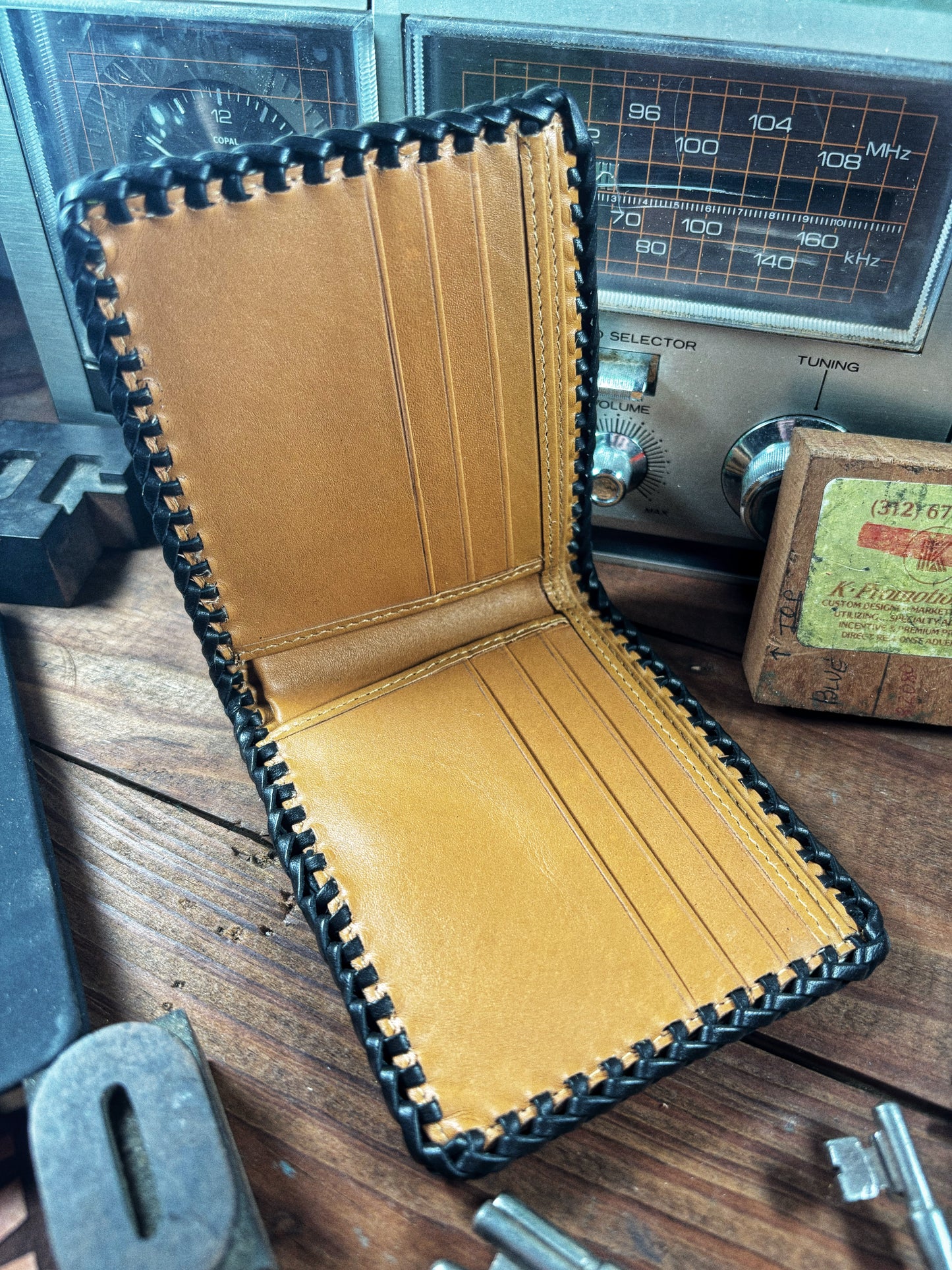 Hand Tooled Green Leather Laced Stealie Bifold Wallet