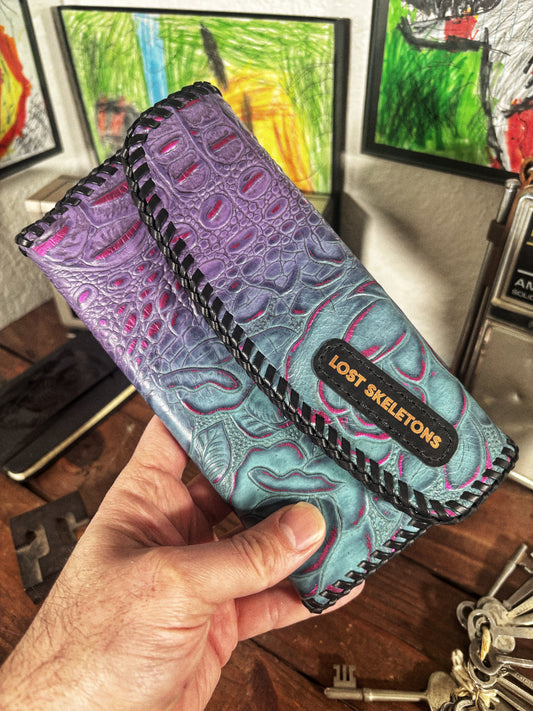 Purple and Turquoise Floral Croc Embossed Leather Ladies Clutch Wallet