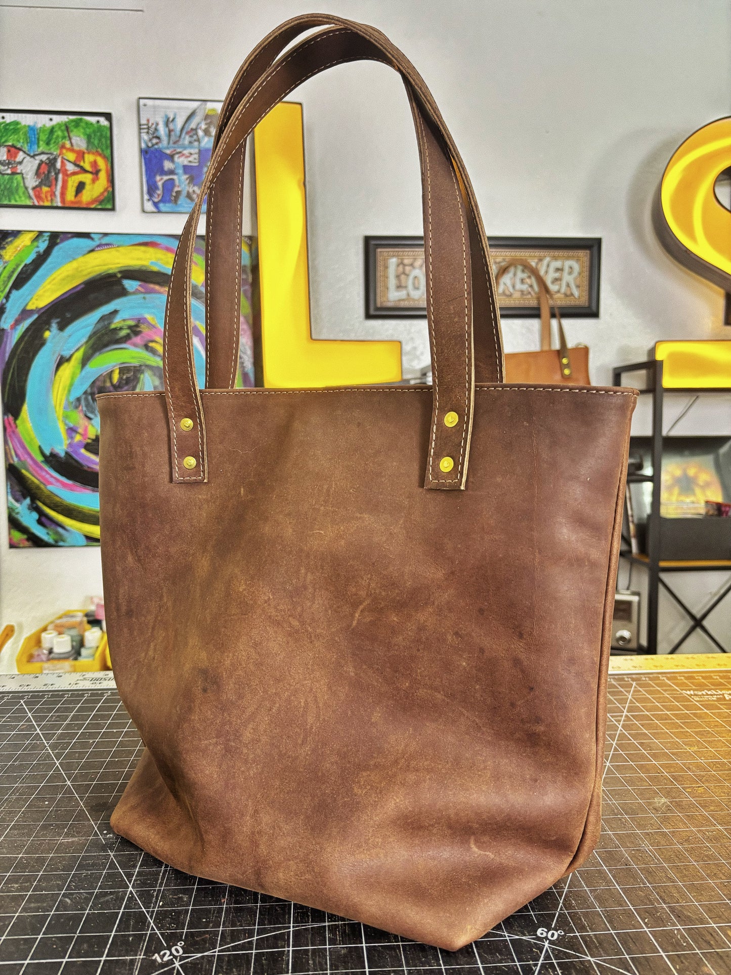 C Bone Branded Brown Full Grain Leather Tote Bag