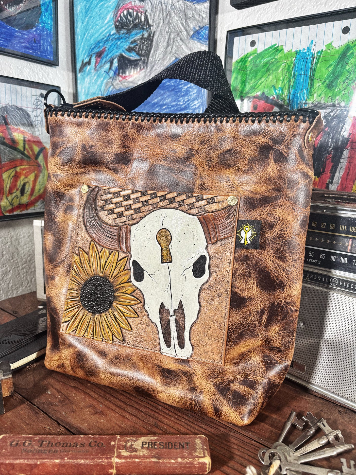 Handmade Brown Tooled Buffalo Leather Crossbody Bag
