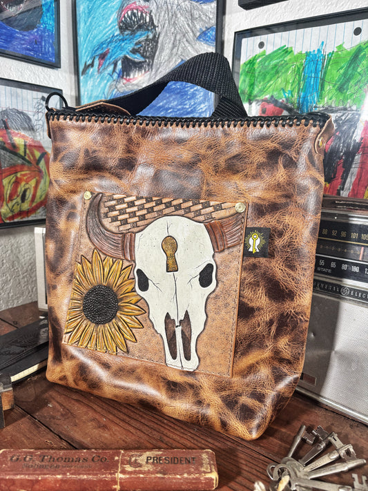 Handmade Brown Tooled Buffalo Leather Crossbody Bag