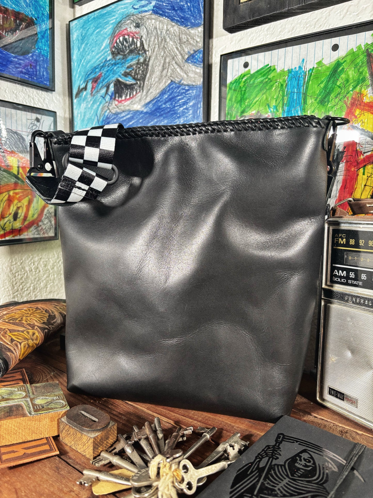 Handmade Black Dripping Heart Dagger Engraved Leather Crossbody Bag