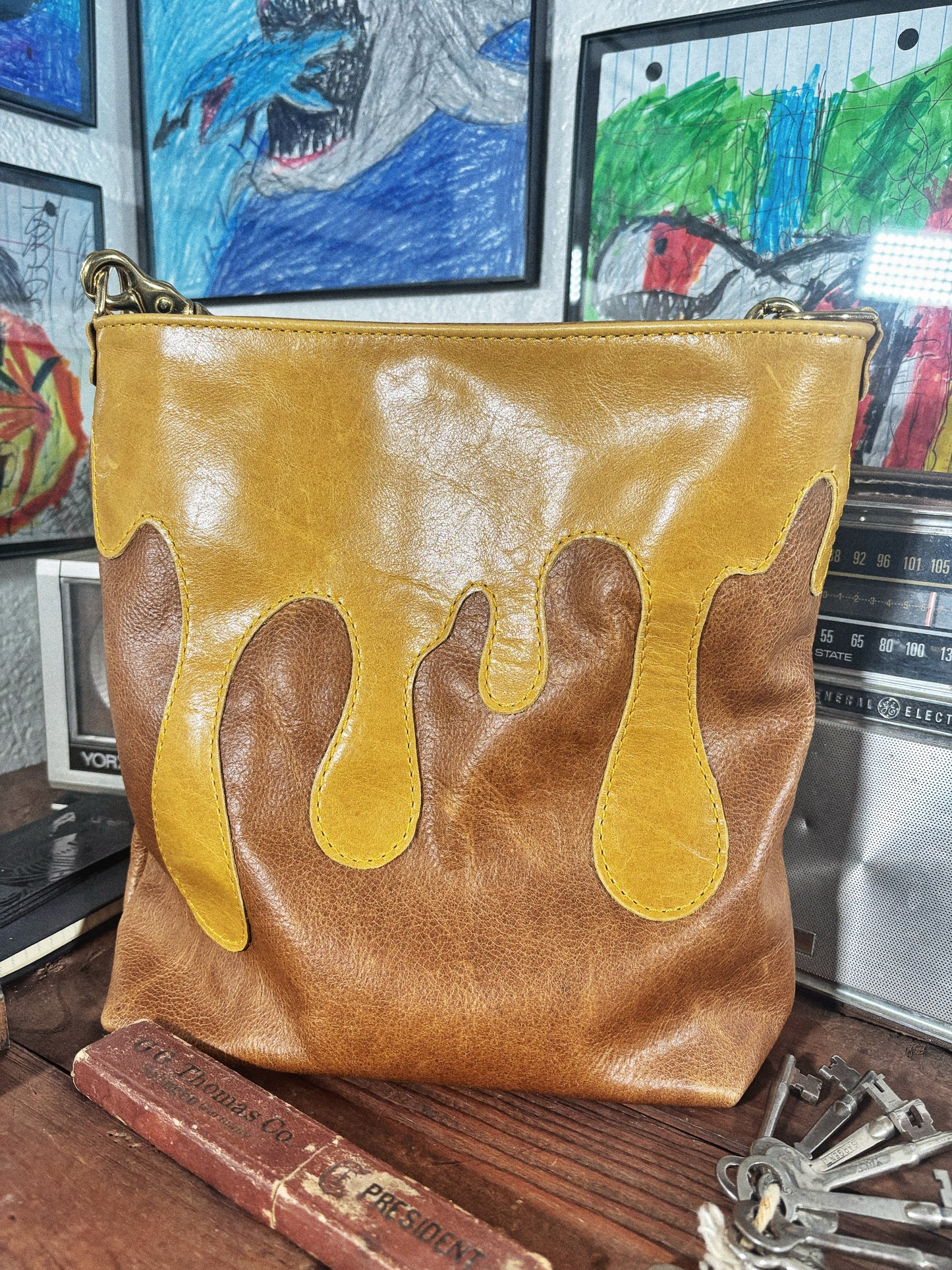 Handmade Brown Honey Mustard Drips Leather Crossbody Bag